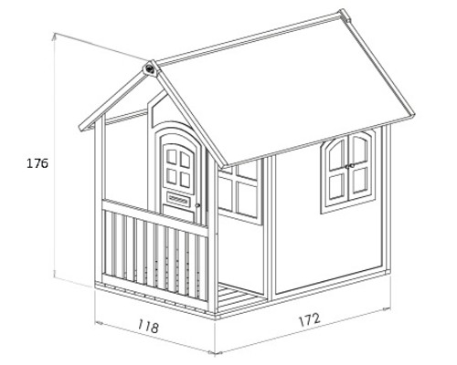 Illustratie van een speelhuis met afmetingen.