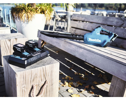 Makita acculader met twee accu''s en draadloze bladblazer op een bank buiten