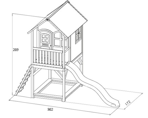 Illustratie van een speelhuis met glijbaan en ladder met afmetingen