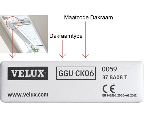 Informatie over dakraammaat en dakraamtype met Velux logo