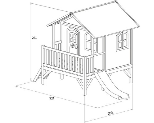 Illustratie van een houten speelhuis met glijbaan en afmetingen
