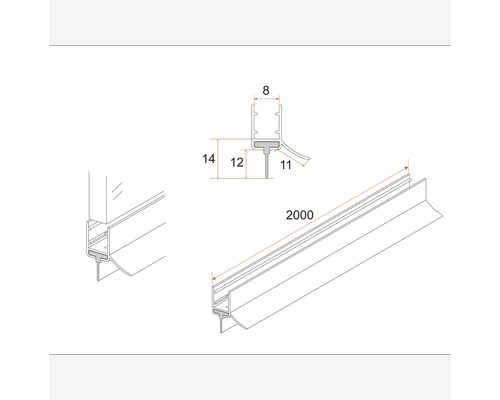 Technische tekening van een deurafdichting met afmetingen