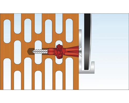 Bevestiging van een schroef met plug in een geperforeerde steen.