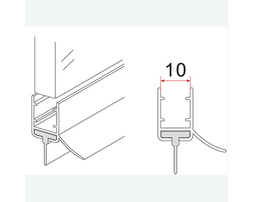 Tekening van een deurafdichting met een maat van tien millimeter.
