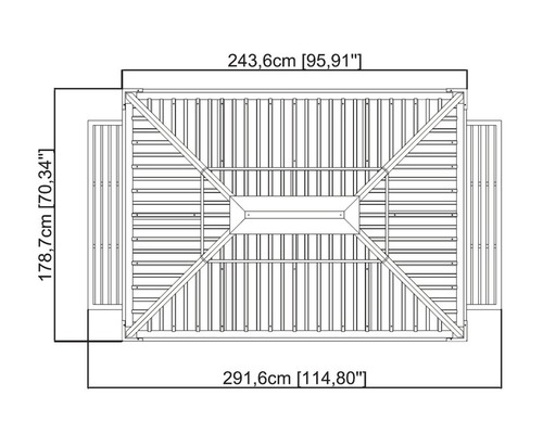 Technische tekening van een paviljoendakconstructie met afmetingen.