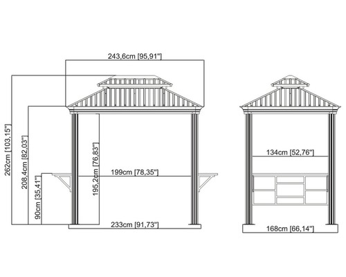 Maattekening van een tuinpaviljoen met gedetailleerde afmetingen