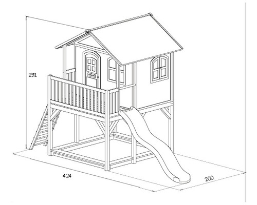 Illustratie van een speelhuis met glijbaan en ladder.