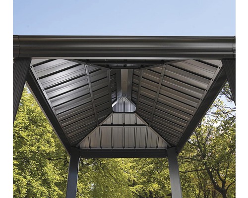 Detailaanzicht van het metalen dak van een tuinpaviljoen