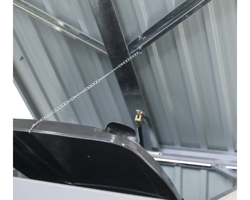 Detailweergave van een tuinhuis met open deksel en gasdrukveer