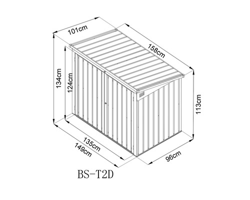 Afbeelding van de afmetingen van een metalen tuinhuis