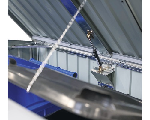 Detailopname van het geopende deksel van een afvalcontainerbox met gasveer