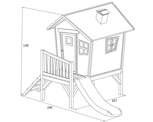 Illustratie van een houten speelhuis met glijbaan en afmetingen