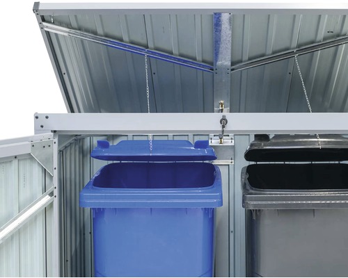 Afvalbak met blauwe en grijze bak onder open deksel.