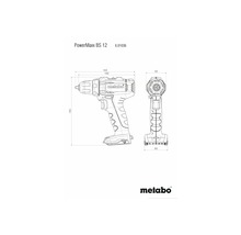 Technische tekening van een Metabo accuboormachine met afmetingen