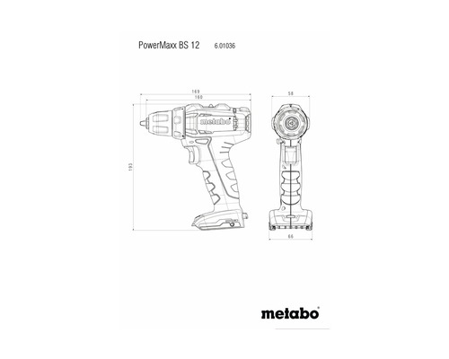 Technische tekening van een Metabo accuboormachine met afmetingen