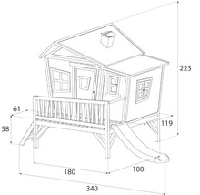 Technische tekening van een speelhuis op palen met glijbaan en afmetingen 340x180x223 cm.