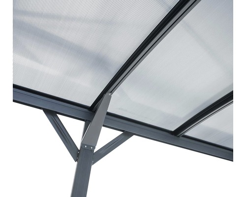 Gedetailleerd beeld van een paviljoendak met polycarbonaat platen en frame