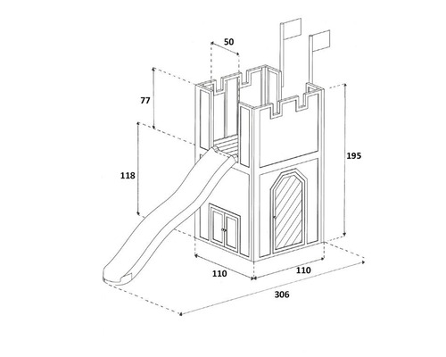 Technische tekening van een speeltoren met glijbaan en ladder met afmetingen 319 x 110 x 195 cm.