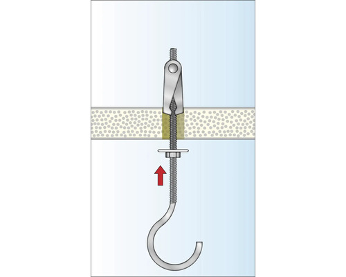 Illustratie van een tuimelplug bevestiging in een wand met haak