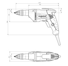 Technische tekening van een Metabo gipsplaatschroevendraaier met maatvoering