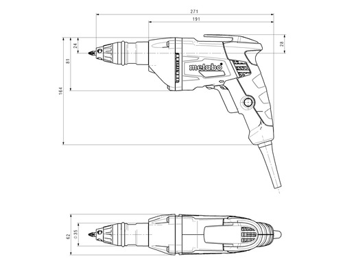 Technische tekening van een Metabo gipsplaatschroevendraaier met maatvoering