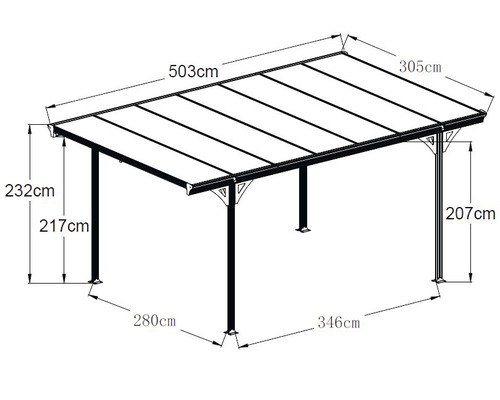 Technische tekening van een carport met afmetingen