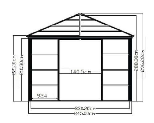 Technische tekening van een tuinhuis met maatvoering.
