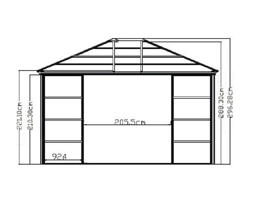 Technische tekening van een paviljoen met maatvoering.