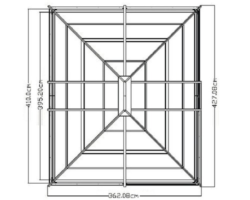 Technische tekening van een tuinpaviljoen met afmetingen