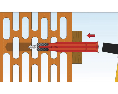 Afbeelding van de bevestiging van een schroef met plug in een geperforeerde wand.
