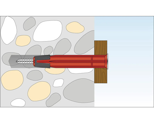 Illustratie van een schroef met plug in een stenen muur met hout