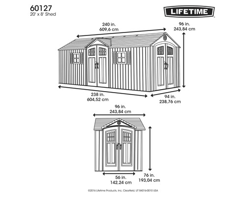 Afbeelding van de afmetingen van een tuinhuis van Lifetime, 609,6 cm breed en 243,84 cm hoog.