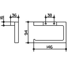 Technische tekening van een toiletpapierhouder met maatvoering