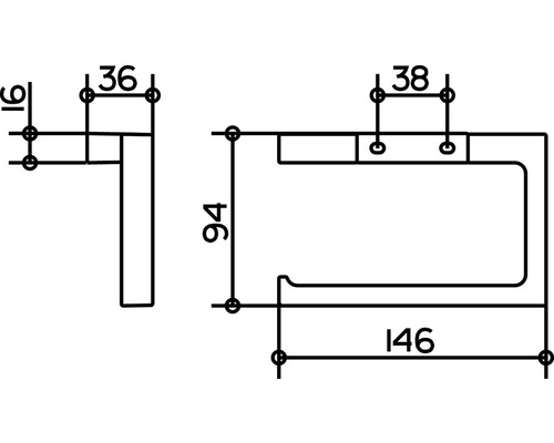 Technische tekening van een toiletpapierhouder met maatvoering