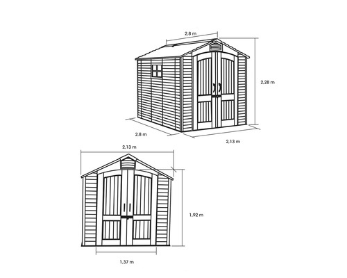 Afbeelding van een tuinhuis met afmetingen