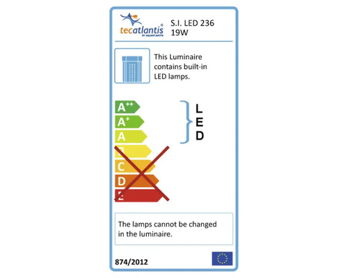 Tecatlantis logo. Energie-efficiëntielabel met LED-markering en de opmerking dat de lampen in de armatuur niet kunnen worden vervangen.