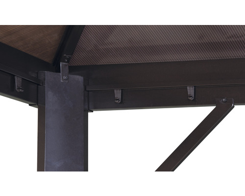 Detail van een paviljoen met steunpilaren en dakconstructie