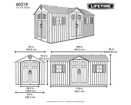 Afbeelding van een tuinhuis met maatvoering en Lifetime logo