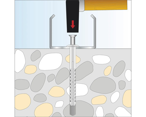 Illustratie van een boutanker dat met een hamer en een instelgereedschap in steen wordt bevestigd