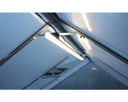 Binnenaanzicht van een kas met verlichting