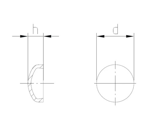 Technische tekening van een half ronde klinkkop met afmetingen