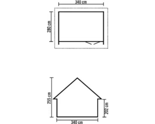 Plattegrond en aanzicht van een tuinhuis met maatvoering