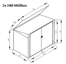 Technische tekening van een afvalcontainerbox voor twee 240 liter afvalcontainers met maataanduidingen
