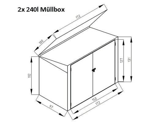 Technische tekening van een afvalcontainerbox voor twee 240 liter afvalcontainers met maataanduidingen