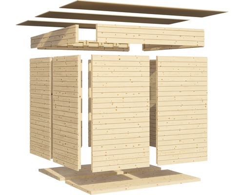 Explosietekening van een tuinhuis met houten wanden en dakelementen