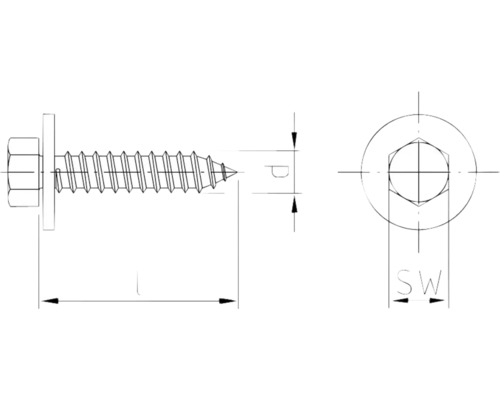Tekening van een schroef met metrische draad en zeskantkop