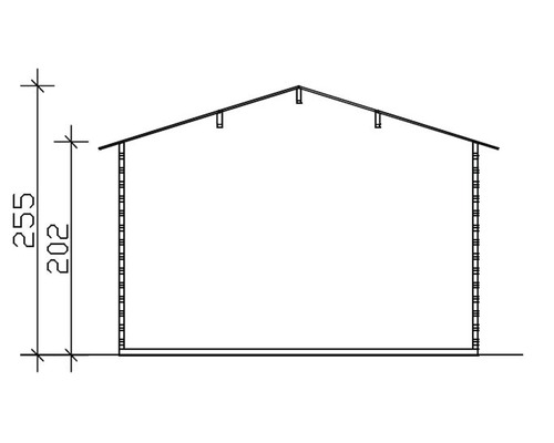 Doorsnede van een tuinhuis met hoogte-indicaties