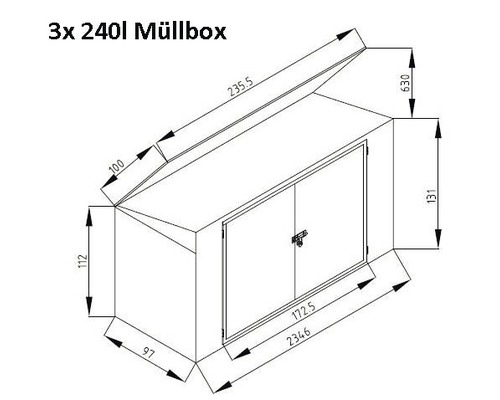 Technische tekening van een afvalcontainerbox voor drie afvalcontainers met elk een inhoud van 240 liter, inclusief maataanduidingen.