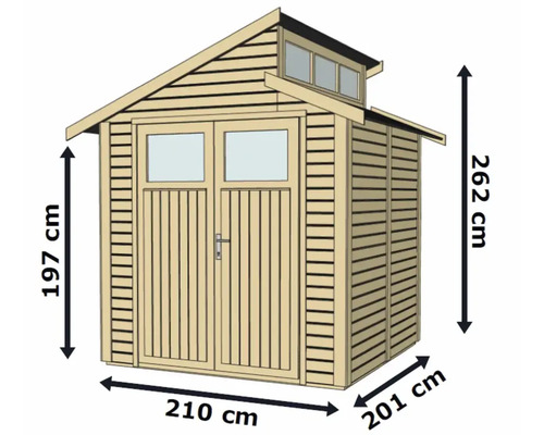 Afbeelding van een tuinhuis met afmetingen: hoogte 262 cm, breedte 210 cm, diepte 201 cm.