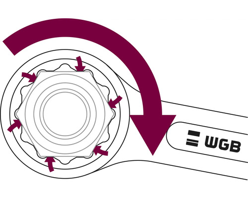 Afbeelding van een moersleutel met draairichtingpijl en WGB logo